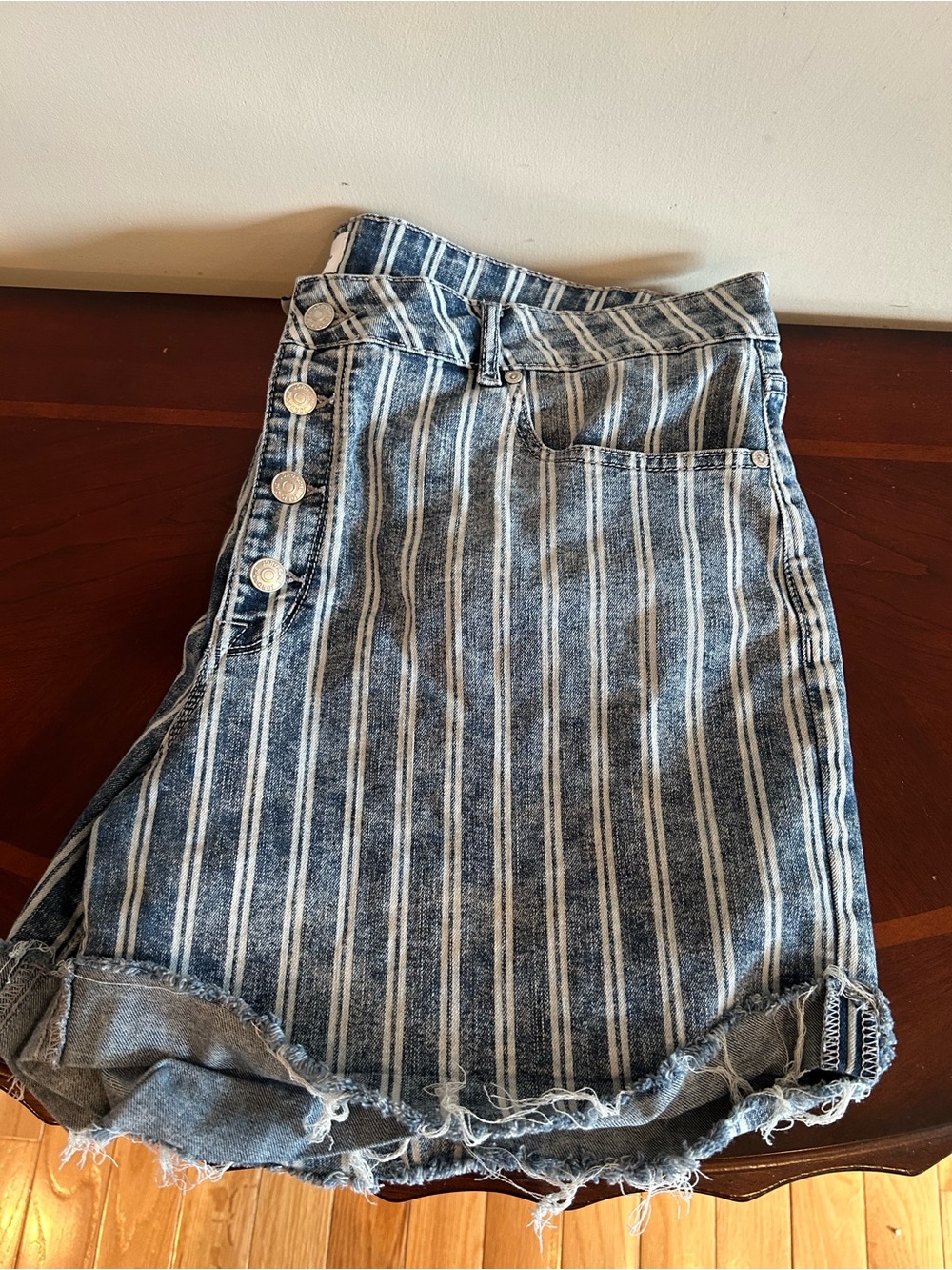 Jordache Button Fly Vertical Stripe Denim Shorts in Blue & White